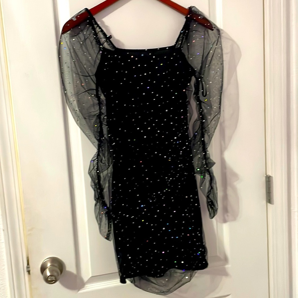 black bodycon dress with holographic rhinestones